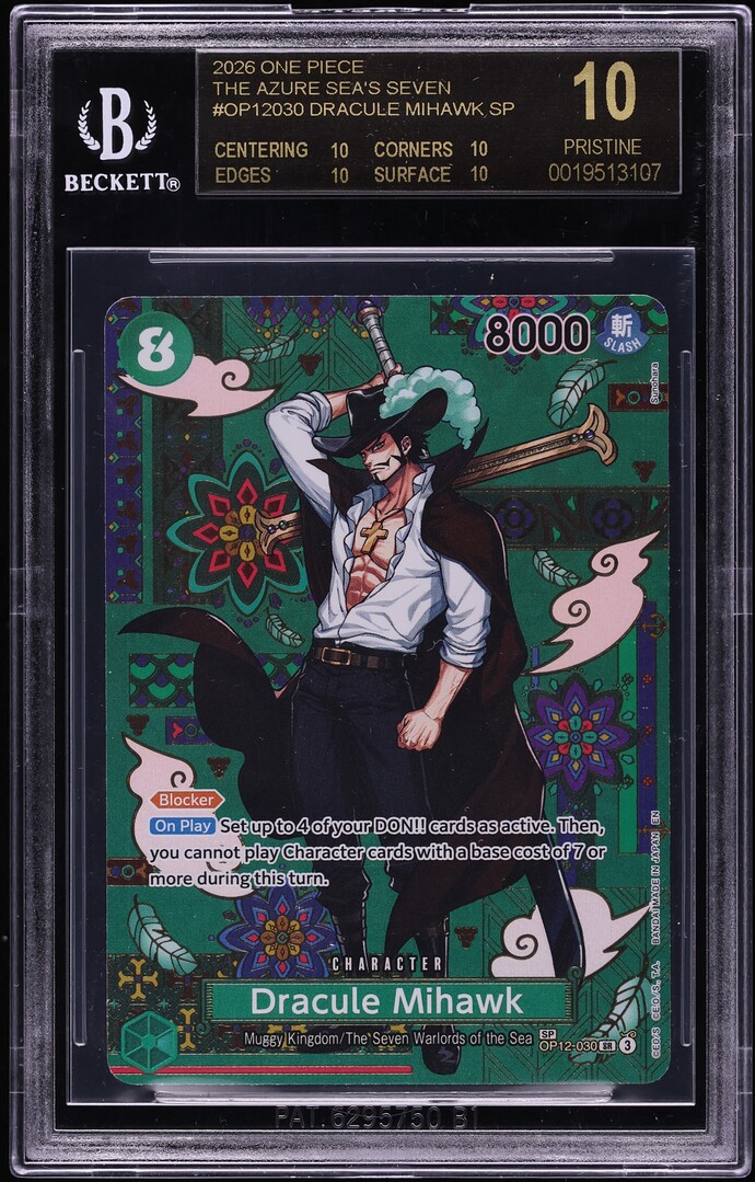 2026 One Piece The Azure Sea's Seven SP Dracule Mihawk #OP12-030 BGS 10 BLACK LABEL