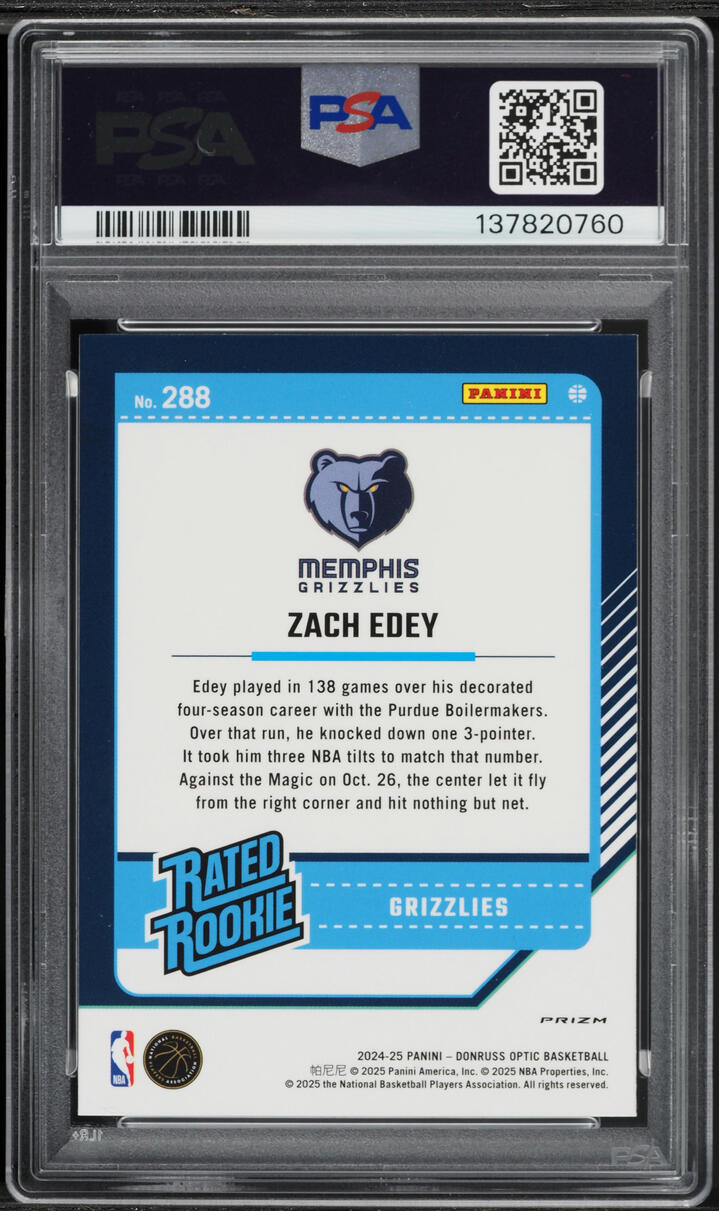 2024 Donruss Optic Holo Zach Edey ROOKIE #288 PSA 9 MINT