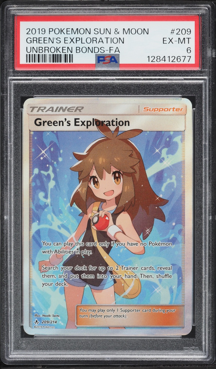 2019 Pokemon Sun & Moon Unbroken Bonds Full Art Green's Exploration #209 PSA 6 EXMT