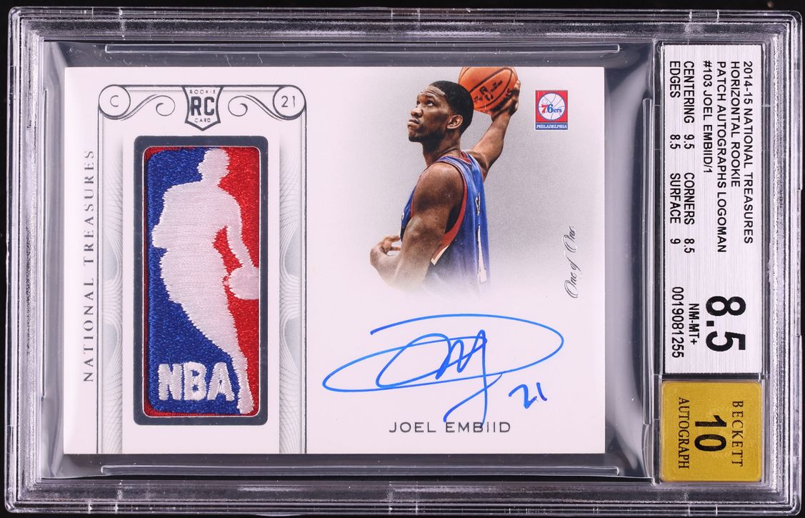2014 National Treasures Joel Embiid ROOKIE LOGOMAN PATCH AUTO 1/1 #103 BGS 8.5 NM-MT+