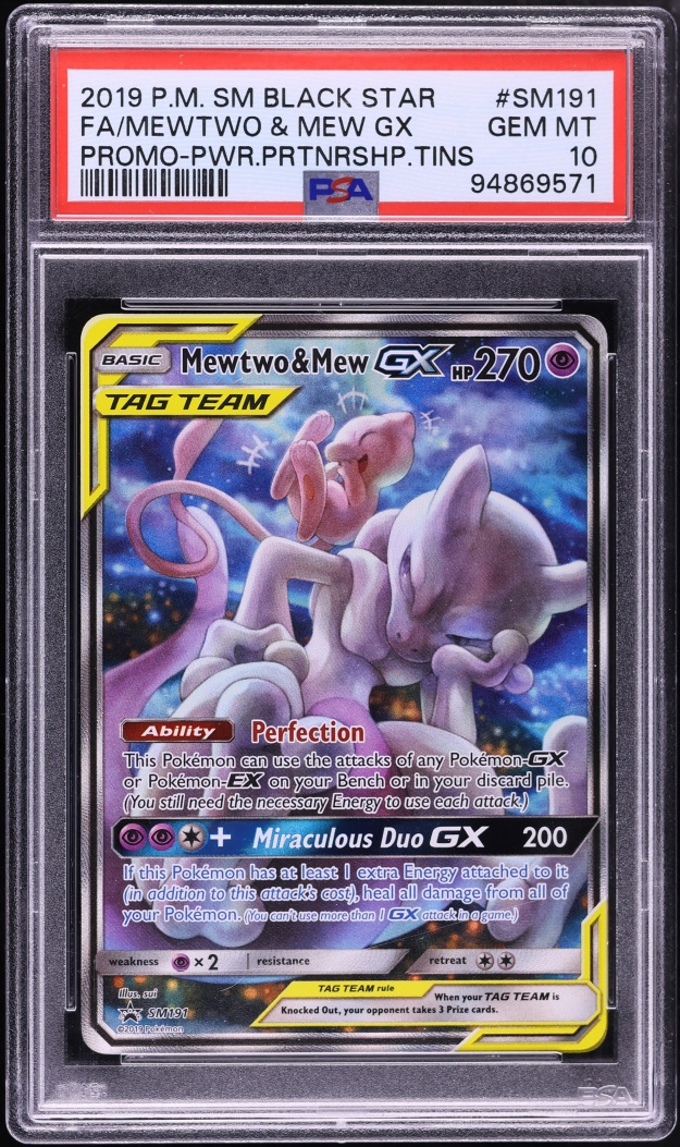 2019 Pokemon Sun & Moon Promo Power Partnership Tin Full Art Mewtwo & Mew GX #SM191 PSA 10 GEM