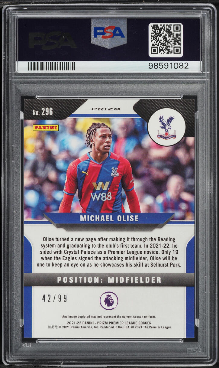 2021 Panini Prizm Premier League Purple Michael Olise ROOKIE /99 #296 PSA 9 MINT