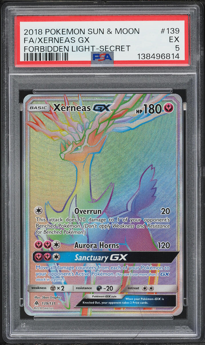 2018 Pokemon Sun & Moon Forbidden Light Rainbow Rare Xerneas GX #139 PSA 5 EX
