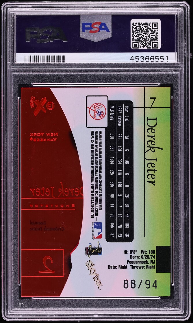 1998 Skybox E-X 2001 Essential Credentials Future Derek Jeter /94 #7 PSA 8 NM-MT - Photo 2