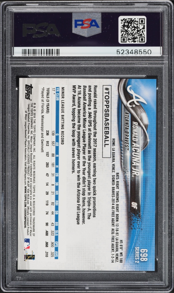2018 Topps Bat Down Ronald Acuna Jr. ROOKIE #698 PSA 10 GEM MINT