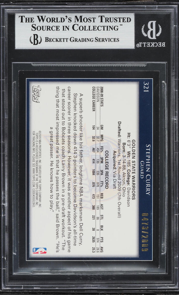 2009 Topps Gold Stephen Curry ROOKIE /2009 #321 BGS 9 MINT