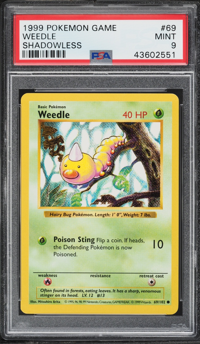 1999 Pokemon Base Set Shadowless Weedle #69 PSA 9 MINT