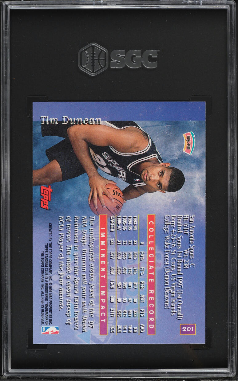 1997 Stadium Club Basketball Tim Duncan ROOKIE #201 SGC 10 GEM MINT