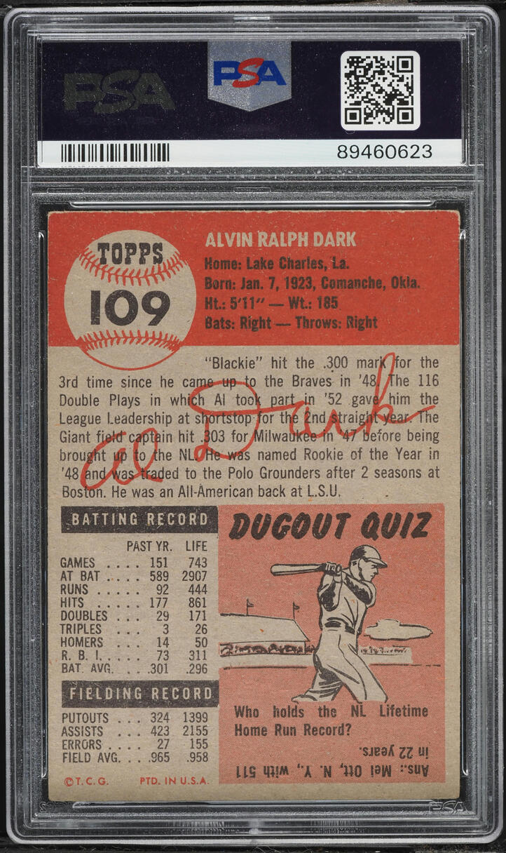 1953 Topps Alvin Dark SHORT PRINT #109 PSA 4 VGEX