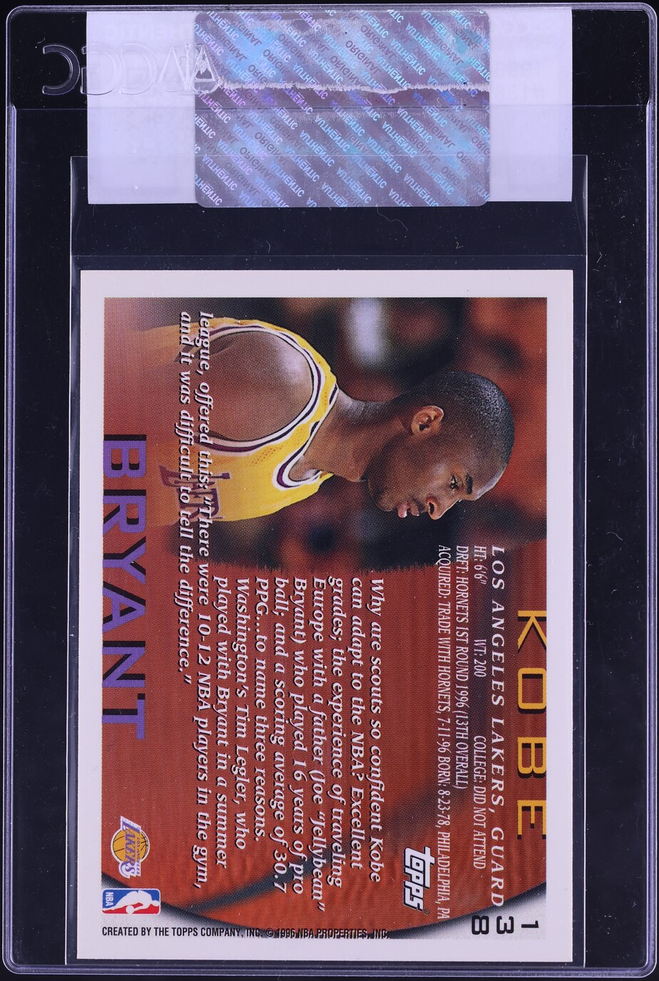 1996 Topps Basketball Kobe Bryant ROOKIE #138 CGC AUTH