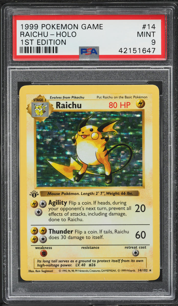 1999 Pokemon Base Set Shadowless 1st Edition Holo Raichu #14 PSA 9 MINT