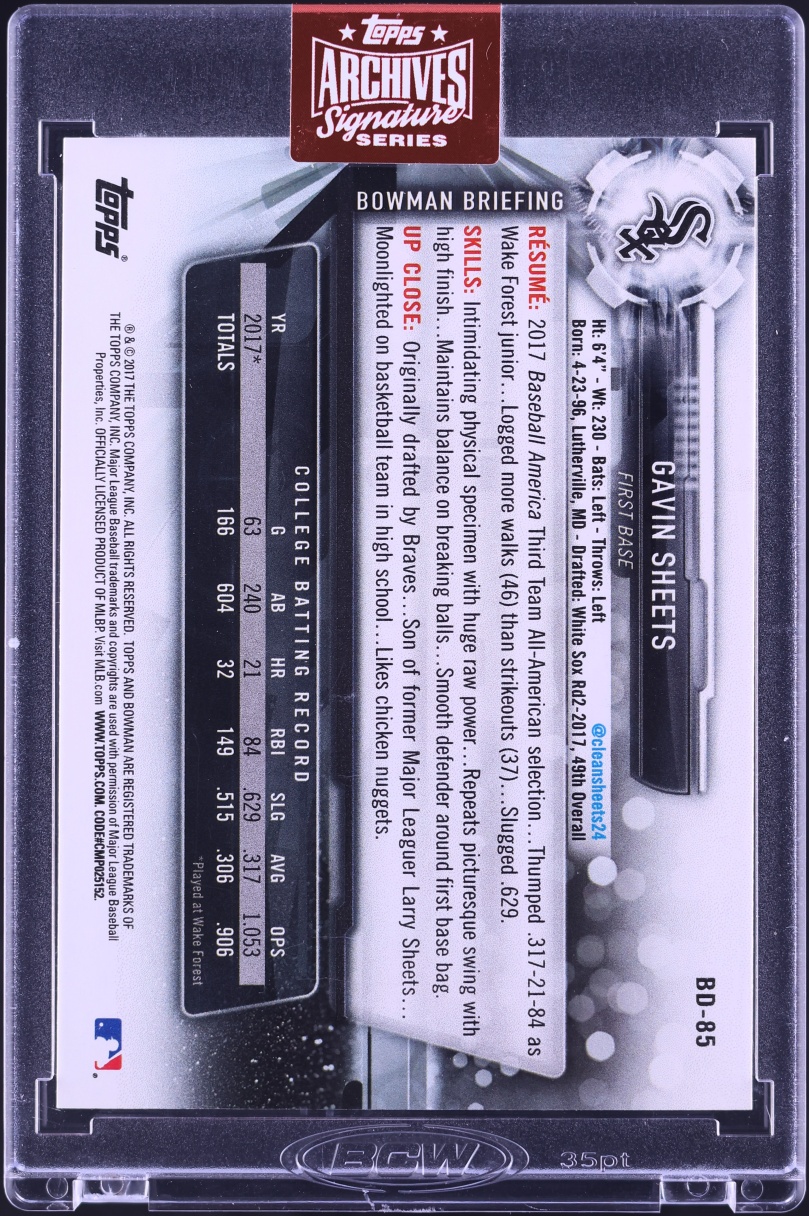 2023 Topps Archives Signature Series '17 Bowman Draft Gavin Sheets PROSPECT AUTO /99 #BD-85