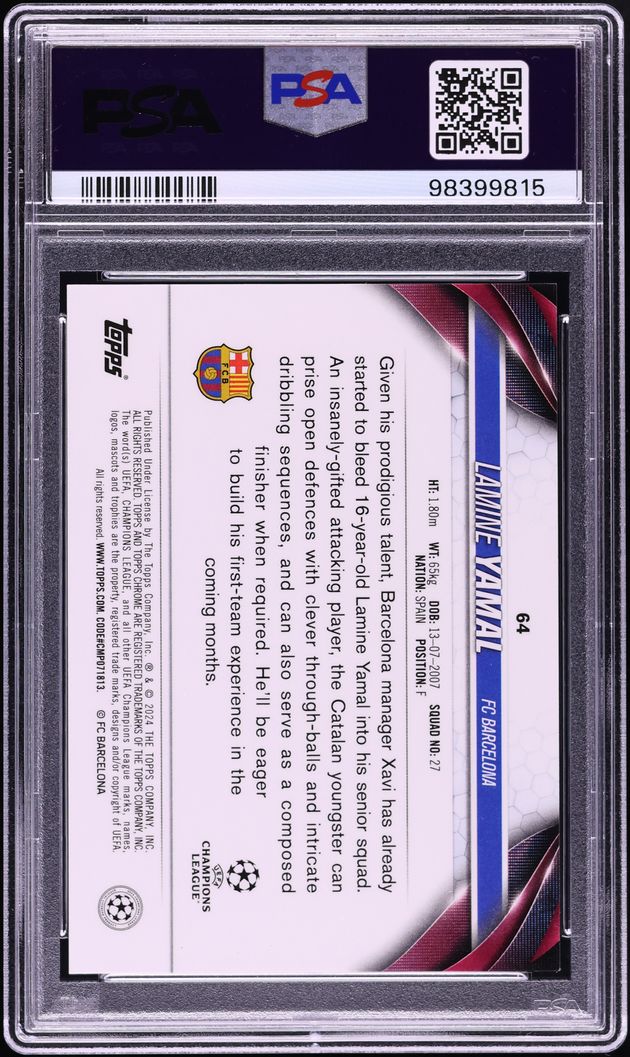 2023 Topps Chrome UEFA Club Competitions Red Refractor Lamine Yamal ROOKIE 1/5 #64 PSA 8 NM-MT