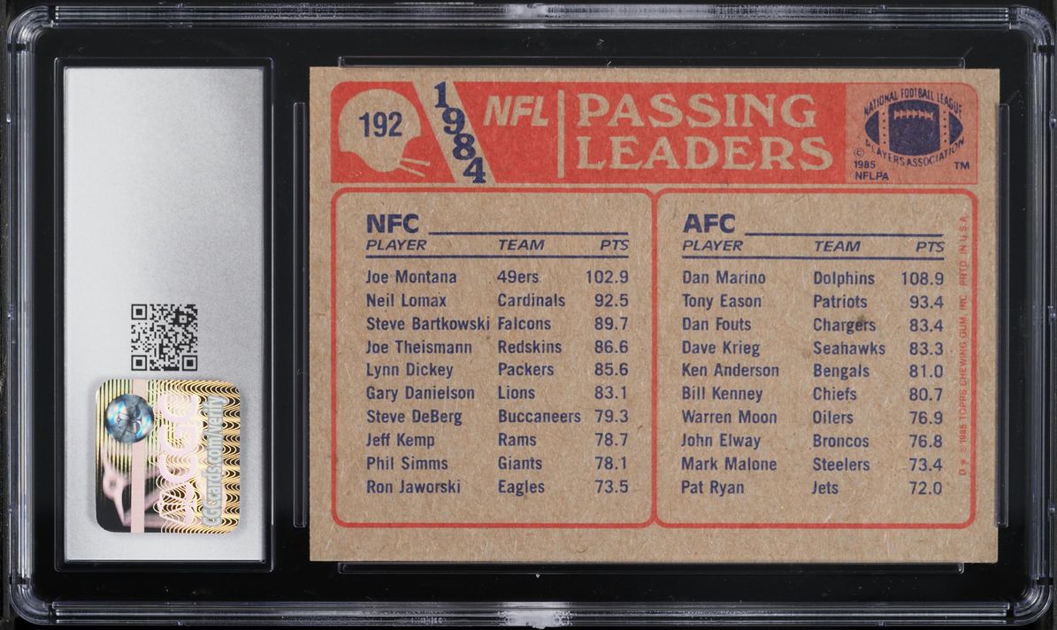 1985 Topps Football Dan Marino & Joe Montana '84 PASSING LEADERS #192 CGC 7 NRMT