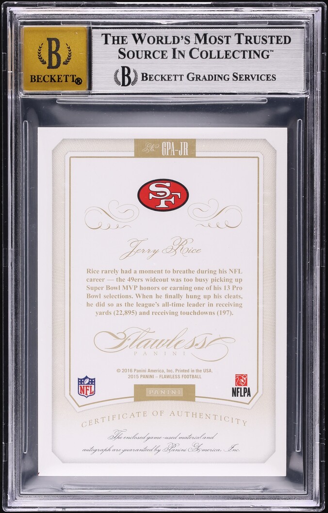 2015 Panini Flawless Greats Platinum Jerry Rice PATCH AUTO 1/1 #GPA-JR BGS 8.5 NM-MT+