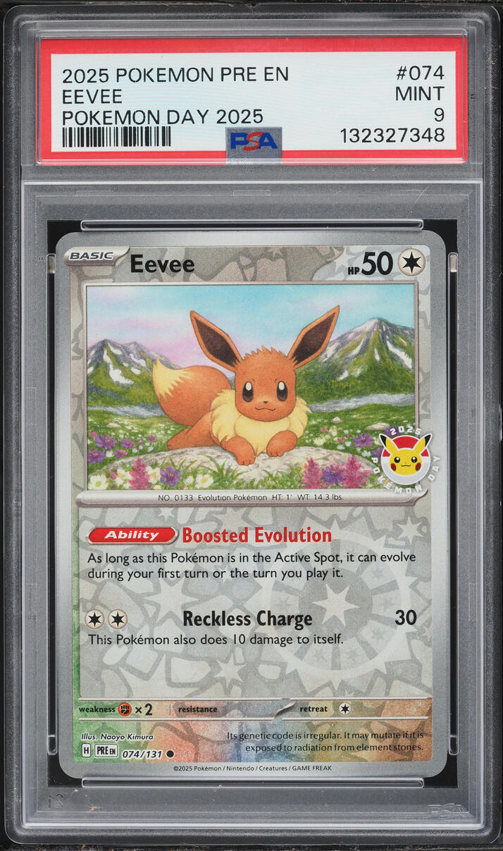 2025 Pokemon Scarlet & Violet Prismatic Evolutions Day '25 Reverse Holo Eevee #74 PSA 9 MINT
