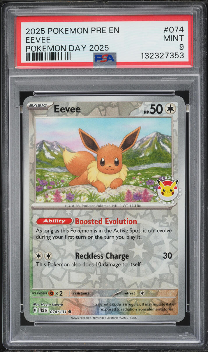2025 Pokemon Scarlet & Violet Prismatic Evolutions Day '25 Reverse Holo Eevee #74 PSA 9 MINT