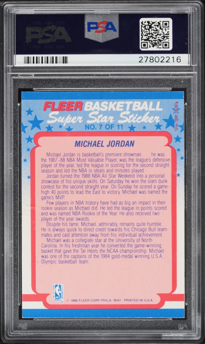 1988 Fleer Sticker Michael Jordan #7 PSA 9 MINT - Photo 2