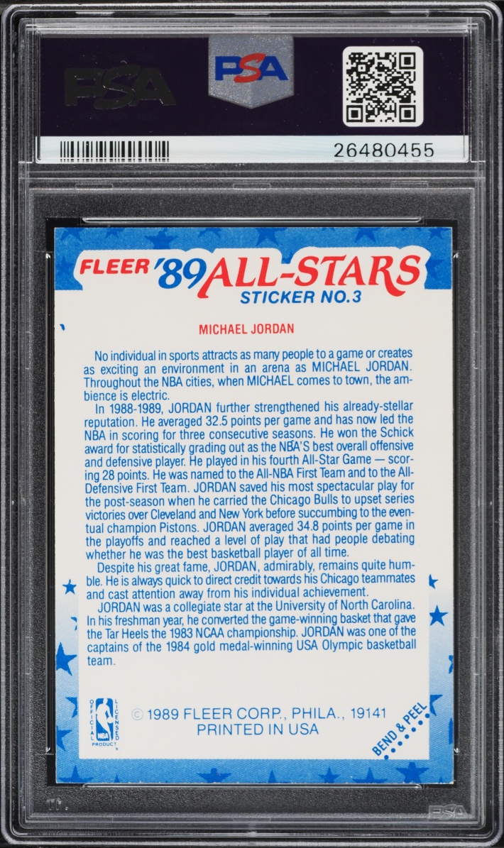 1989 Fleer Sticker Michael Jordan #3 PSA 9 MINT - Photo 2