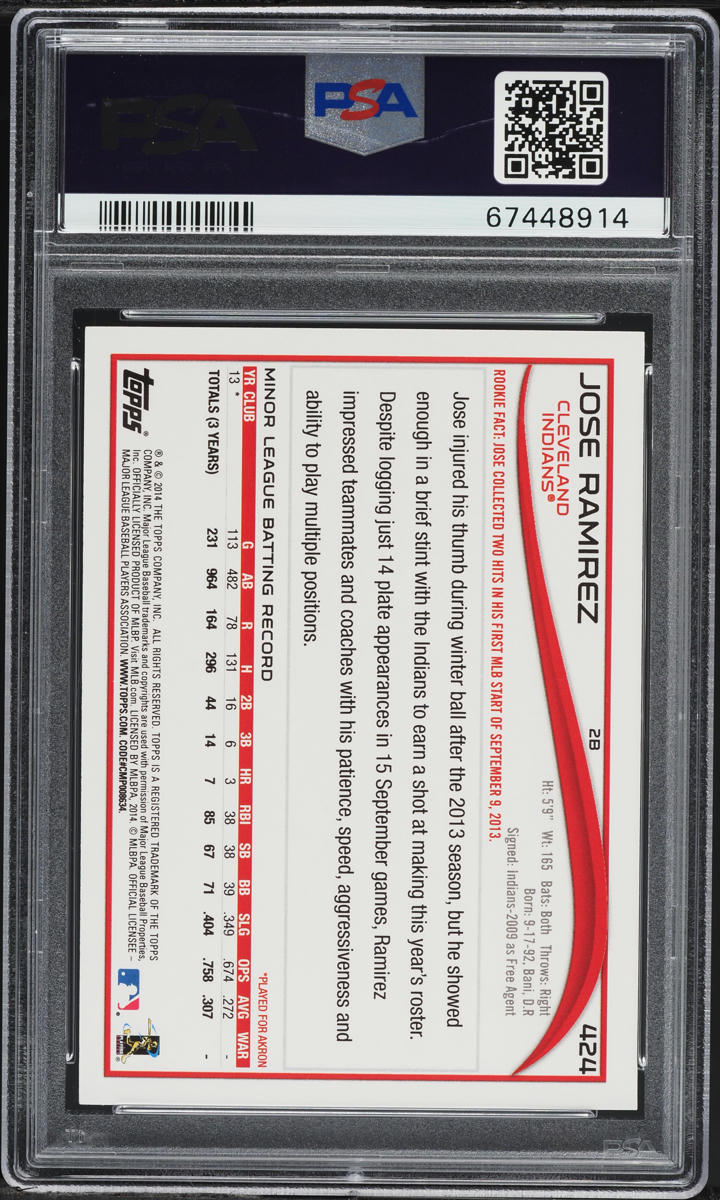 2014 Topps Jose Ramirez ROOKIE #424 PSA 9 MINT
