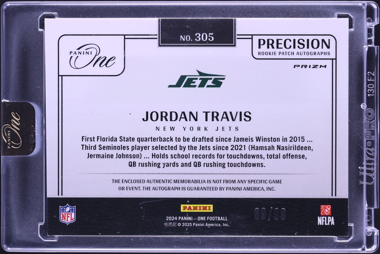 2024 Panini One Precision Jordan Travis ROOKIE PATCH AUTO /99 #305