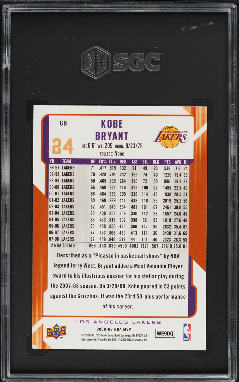 2008 Upper Deck MVP Kobe Bryant #69 SGC 8 NM-MT