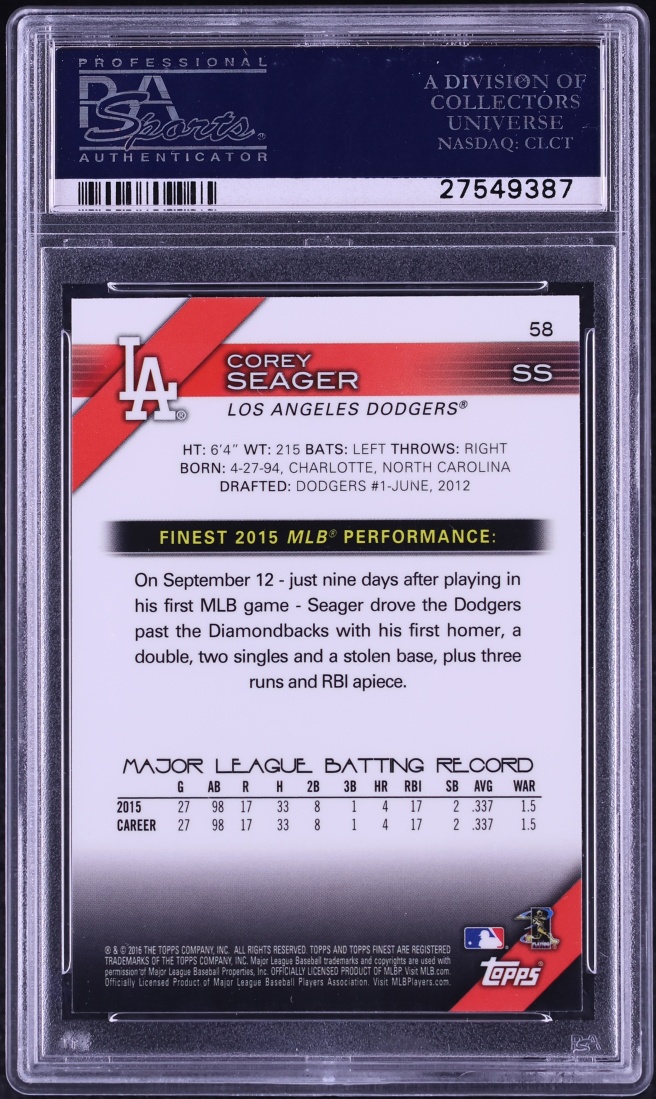 2016 Finest Corey Seager ROOKIE #58 PSA 10 GEM MINT
