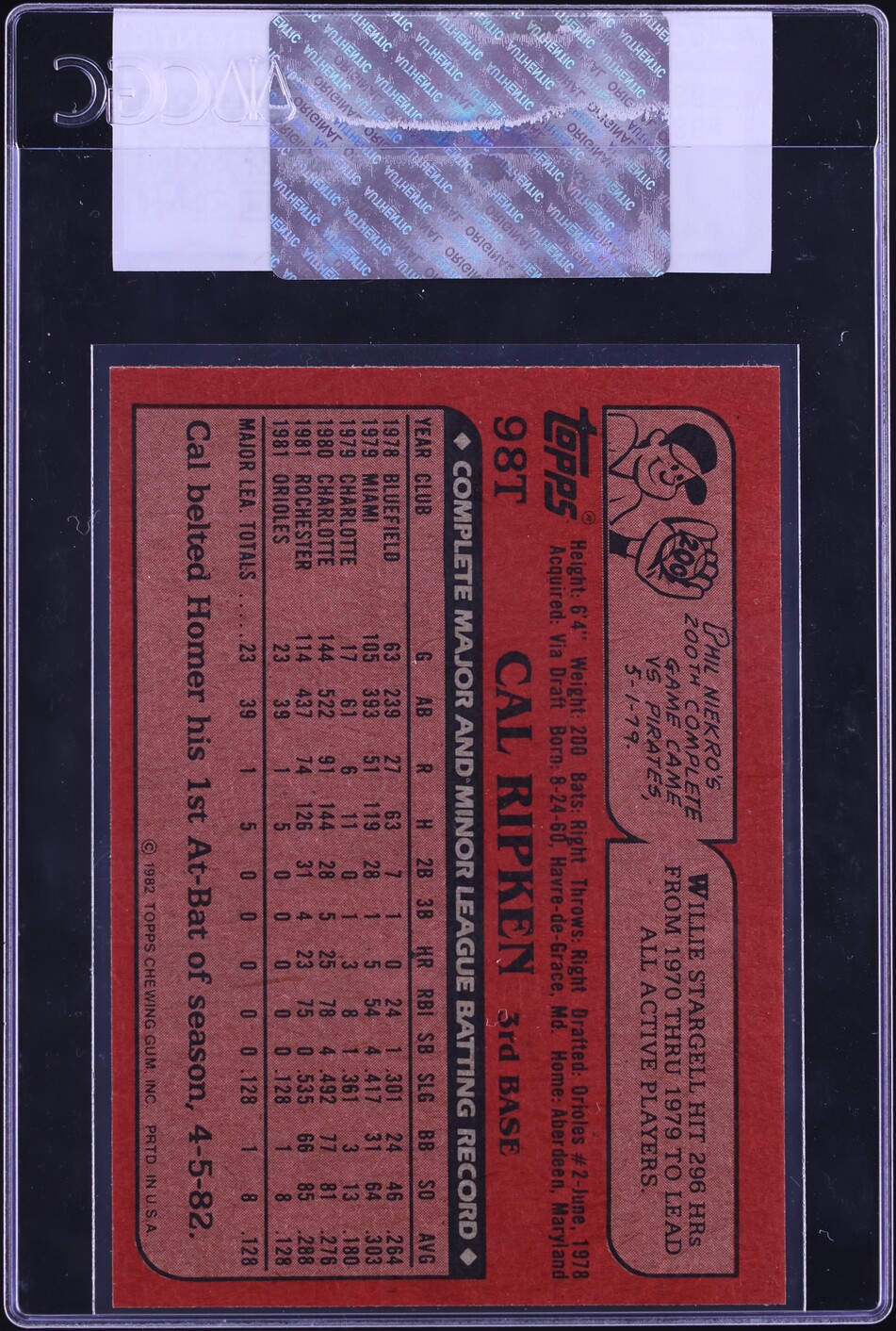 1982 Topps Traded Cal Ripken Jr. ROOKIE #98T CGC AUTH
