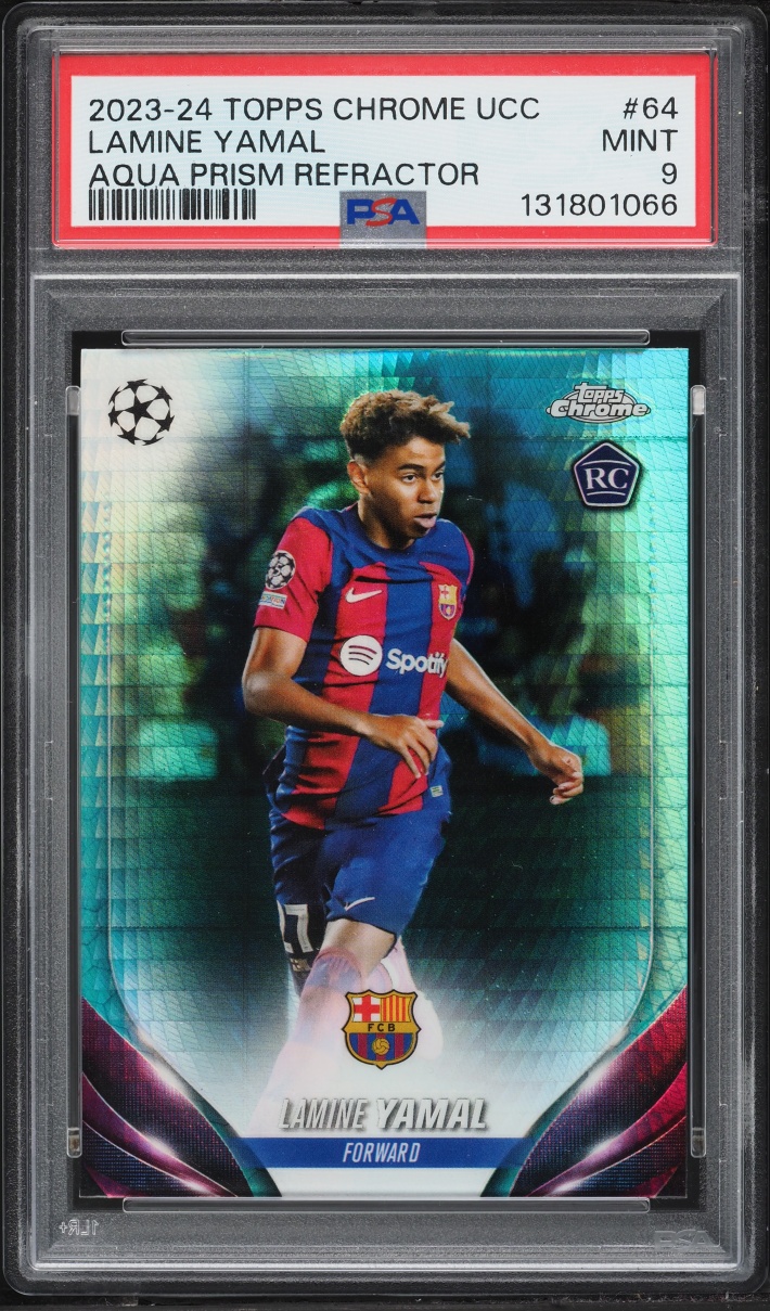 2023 Topps Chrome UEFA CC Aqua Prism Refractor Lamine Yamal ROOKIE #64 PSA 9 MINT