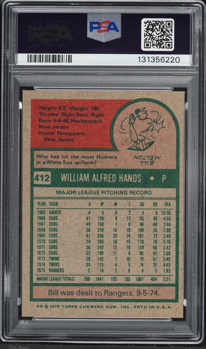 1975 Topps Bill Hands #412 PSA 8 NM-MT