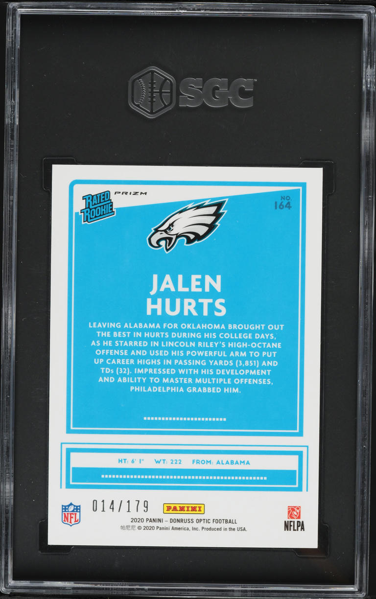 2020 Donruss Optic Blue Prizm Jalen Hurts ROOKIE /179 #164 SGC 7 NRMT