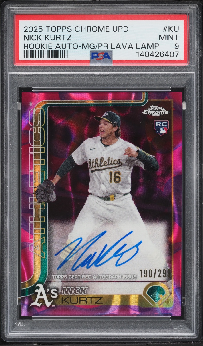 2025 Topps Chrome Update Magenta Purple Lava Lamp Nick Kurtz ROOKIE AUTO /299 #RA-KU PSA 9 MINT