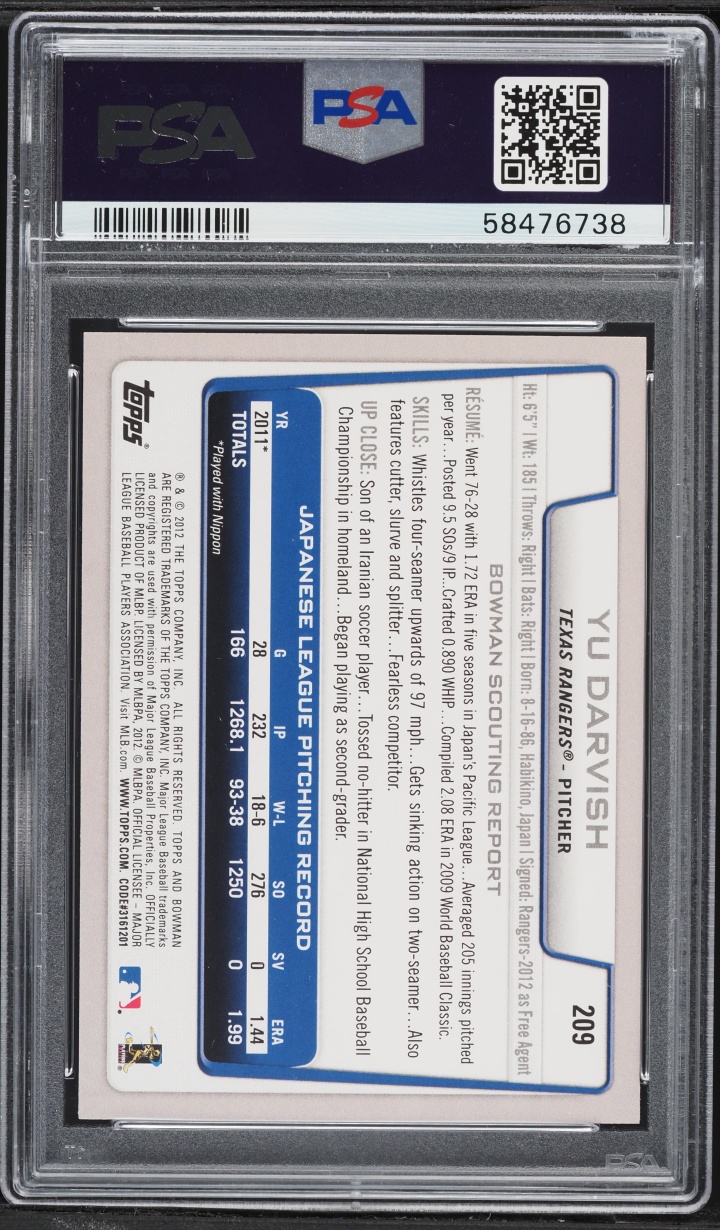 2012 Bowman Yu Darvish ROOKIE #209 PSA 10 GEM MINT