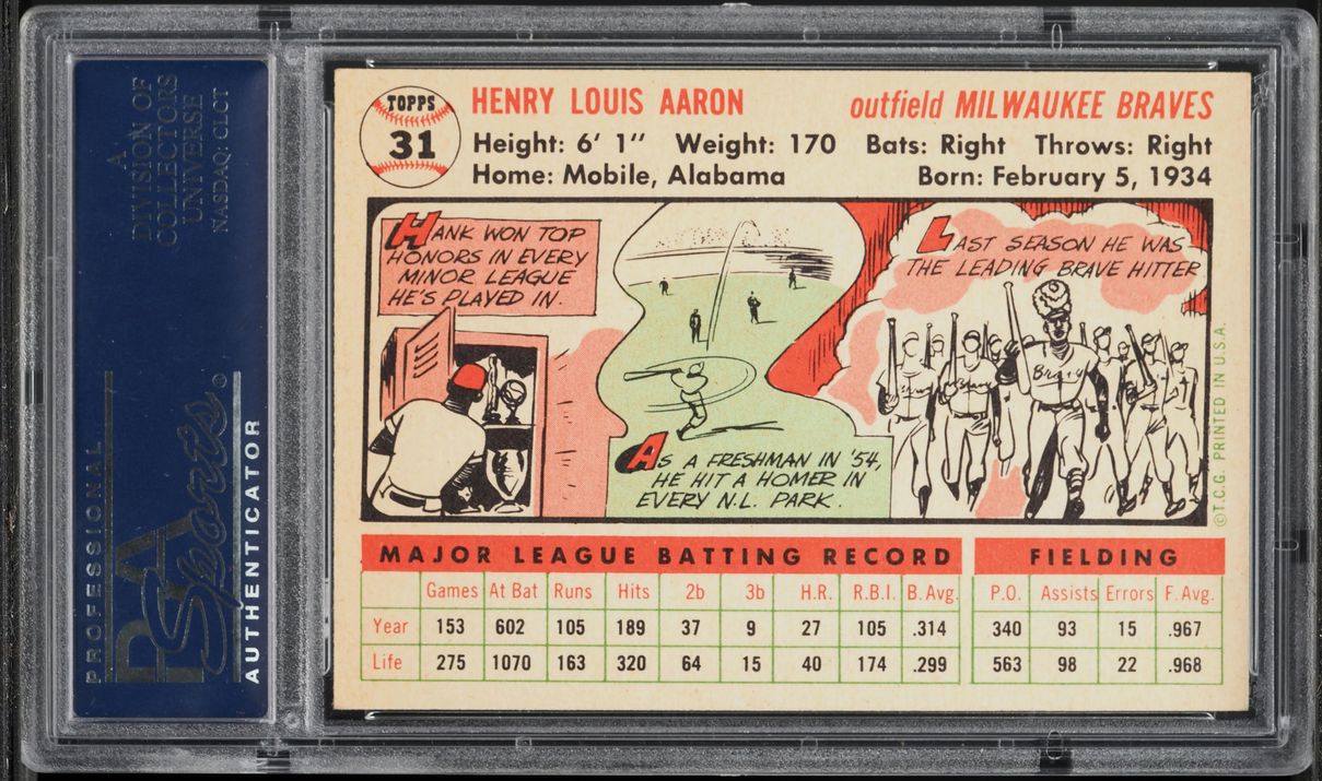 1956 Topps Hank Aaron WHITE BACK #31 PSA 8 NM-MT