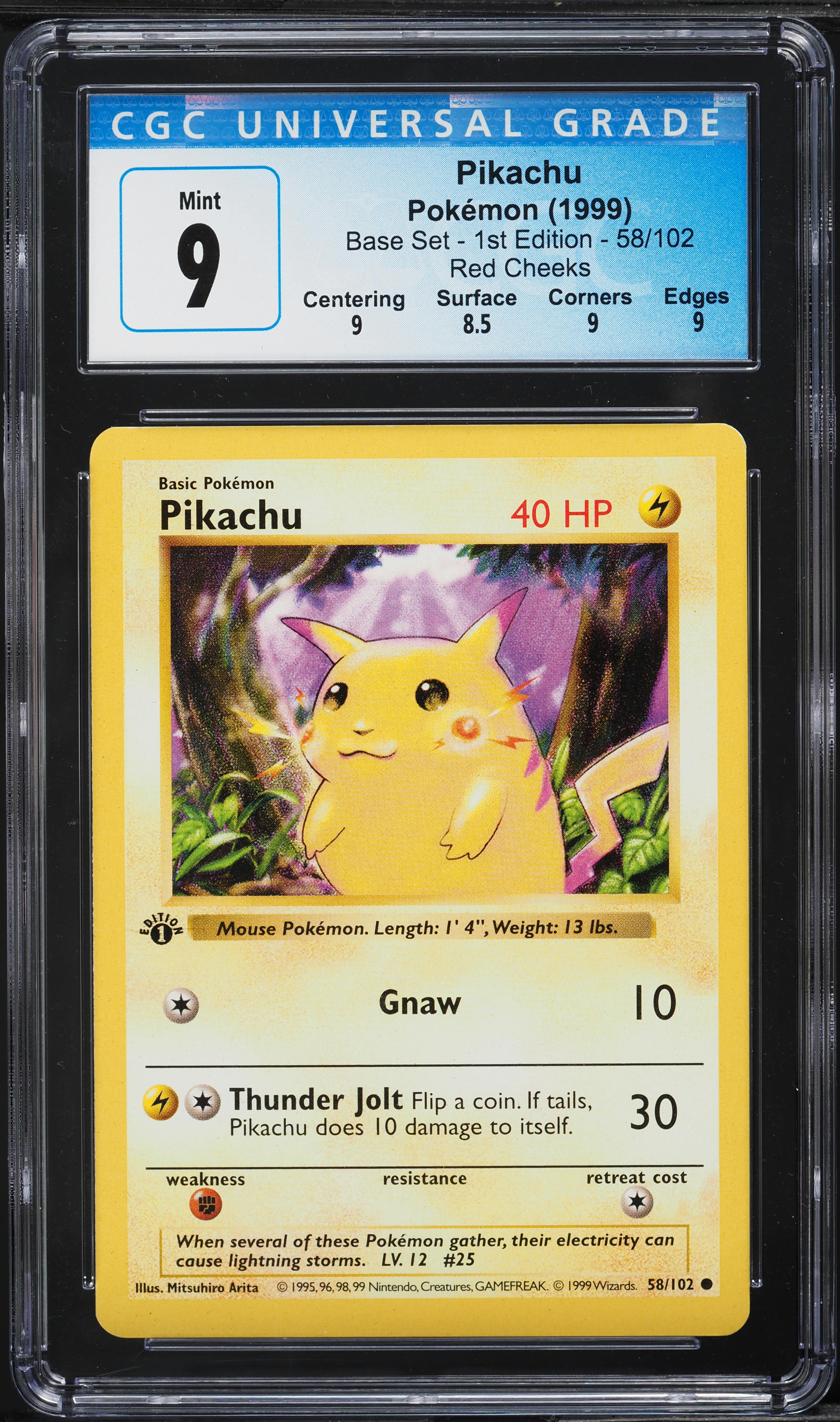 1999 Pokemon Base Set Shadowless 1st Edition Red Cheeks Pikachu #58 CGC 9 MINT