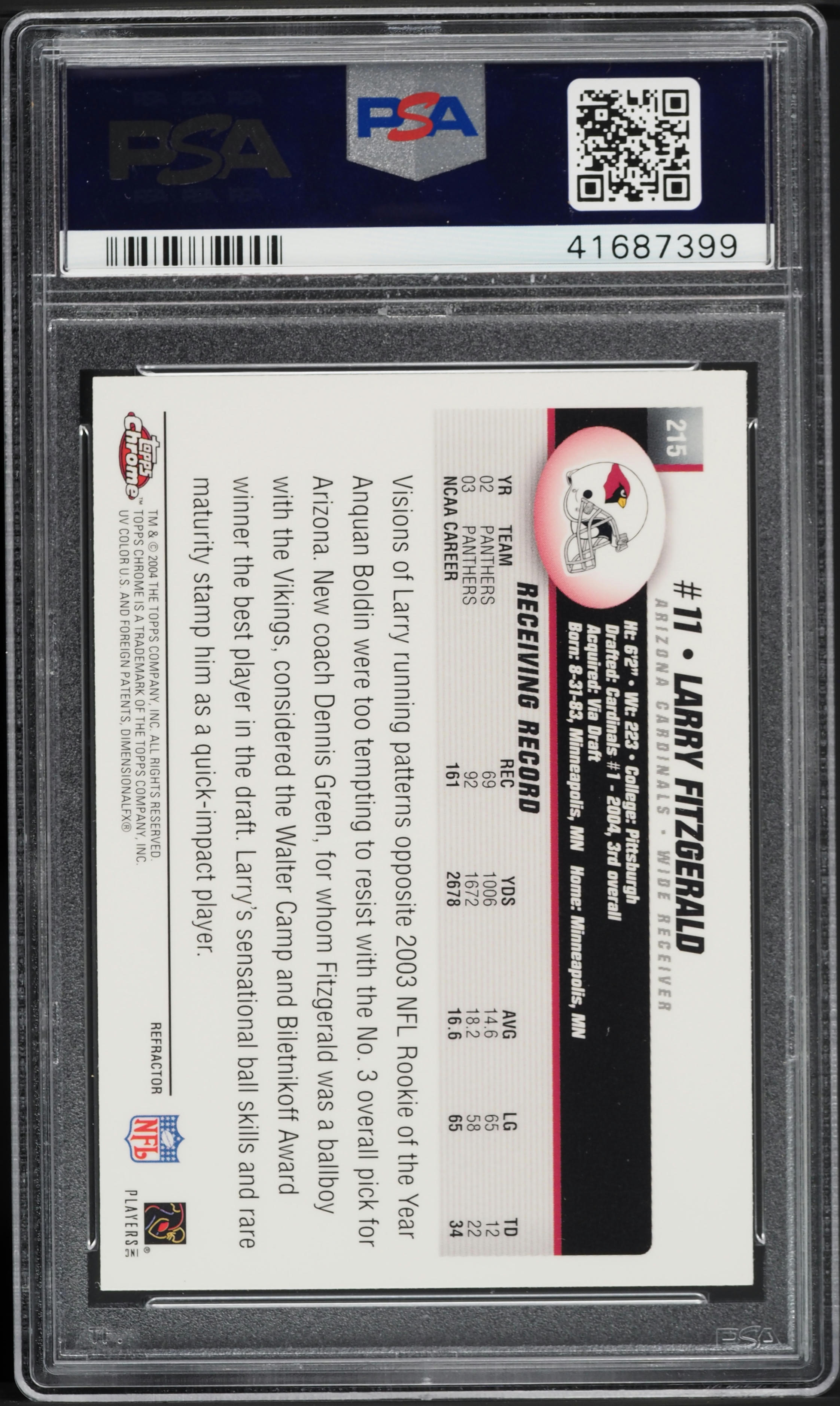 2004 Topps Chrome Refractor Larry Fitzgerald ROOKIE #215 PSA 9 MINT