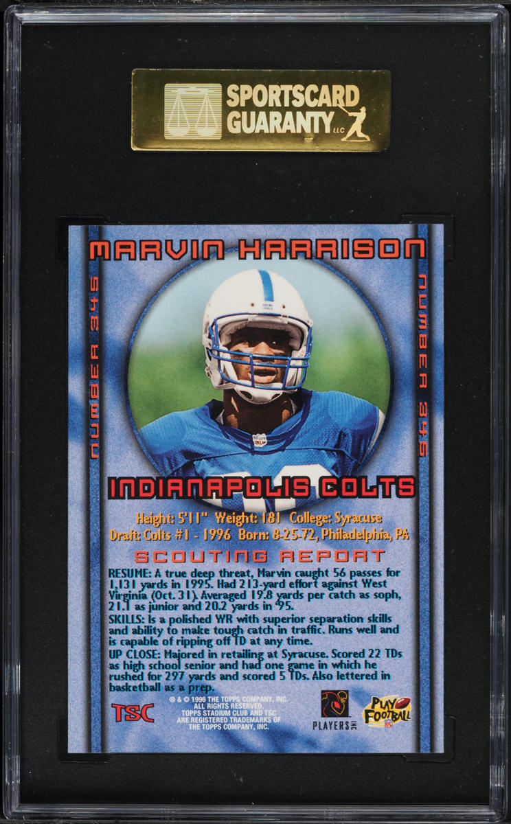1996 Stadium Club Marvin Harrison ROOKIE #345 SGC 8.5 NM-MT+