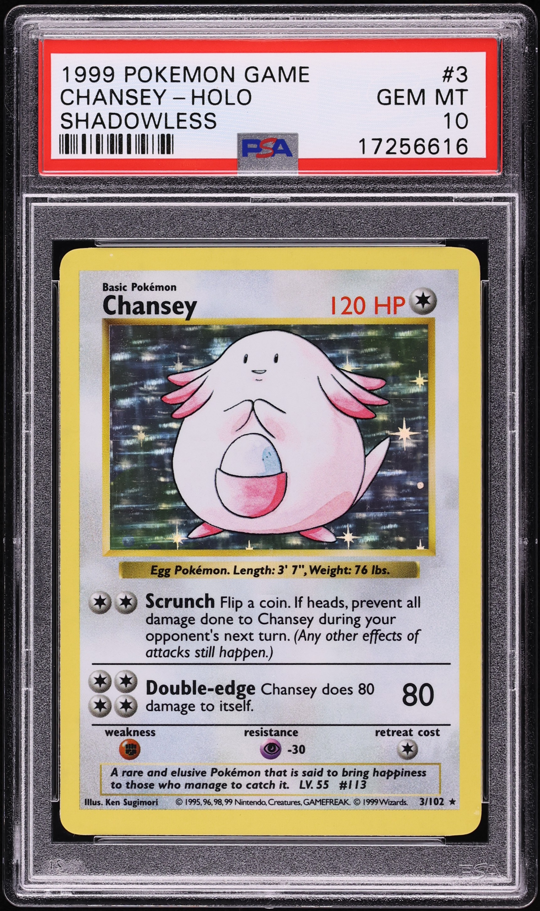 1999 Pokemon Base Set Shadowless Holo Chansey #3 PSA 10 GEM MINT 