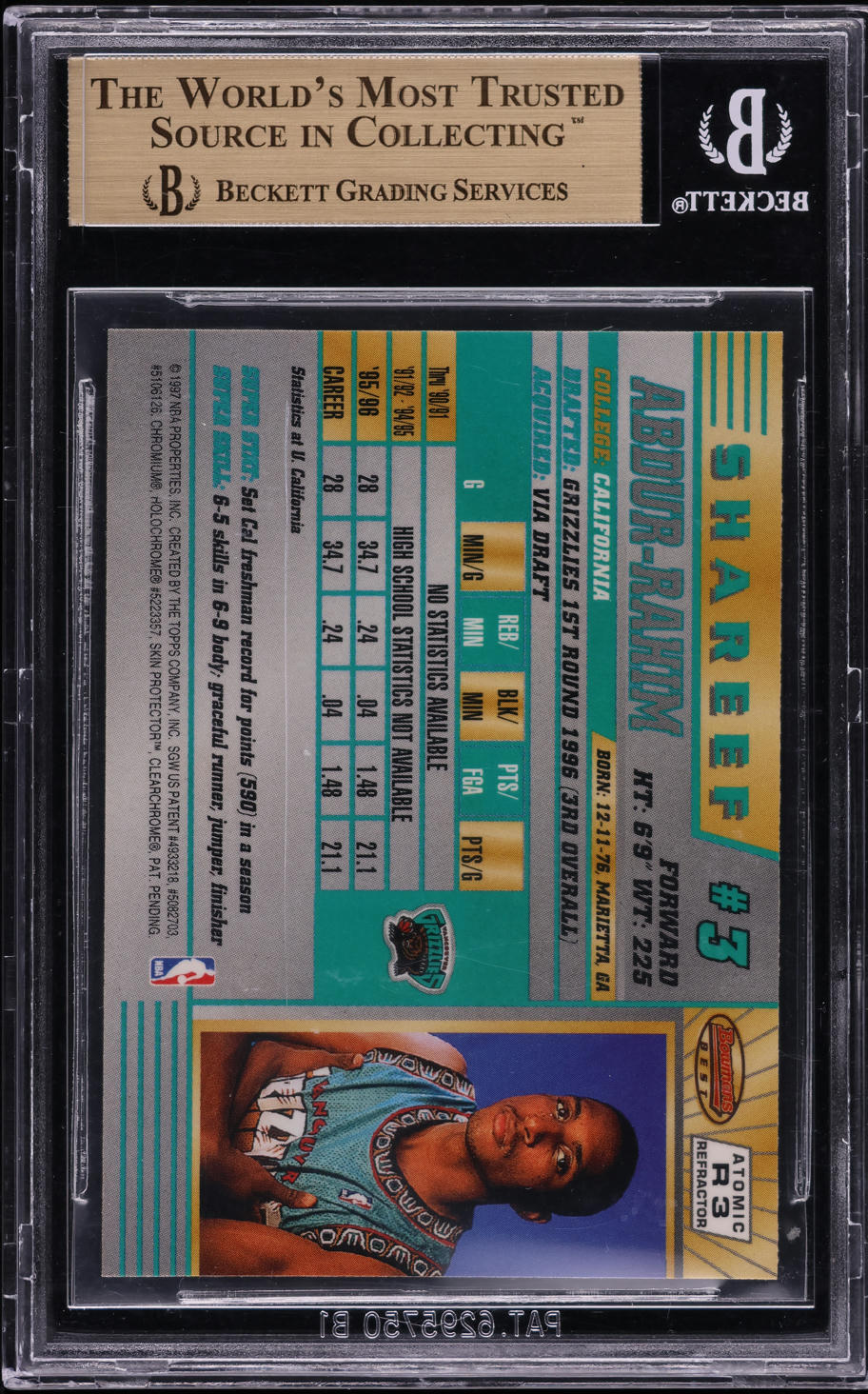 1996 Bowman's Best Atomic Refractor Shareef Abdur-Rahim ROOKIE #R3 BGS 9.5 GEM - Photo 2