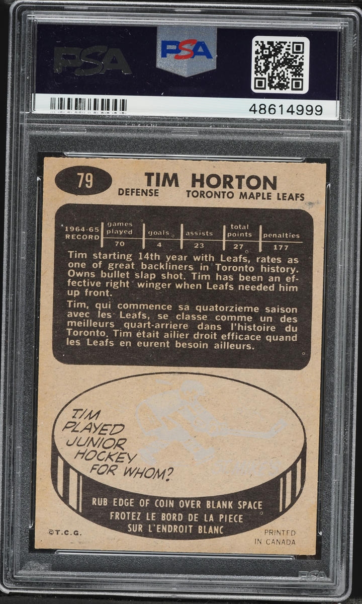 1965 Topps Hockey Tim Horton #79 PSA 7 NRMT