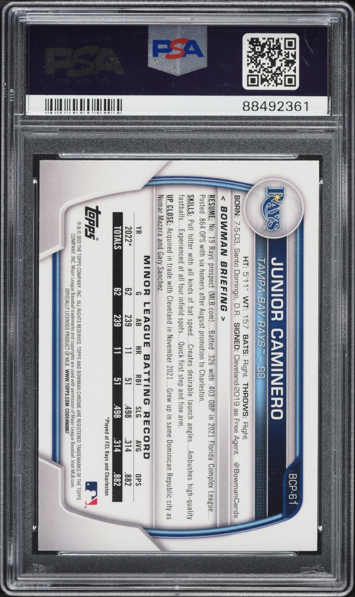 2023 Bowman Chrome Mega Box Junior Caminero PROSPECT #BCP-61 PSA 10 GEM MINT