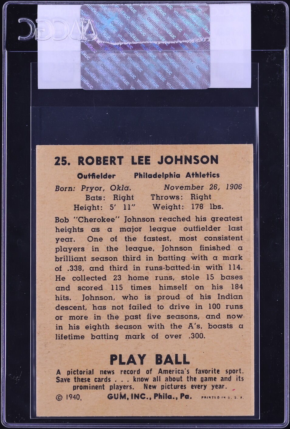 1940 Play Ball Bob Johnson #25 CGC AUTH