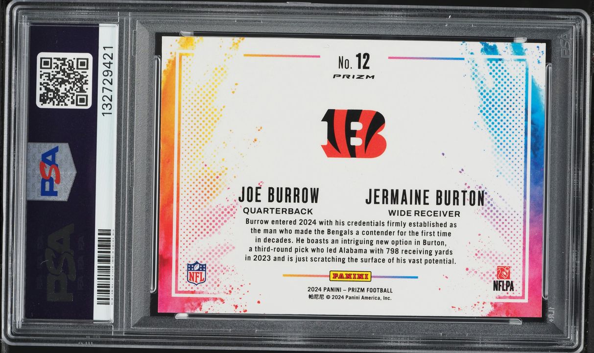 2024 Panini Prizm Color Blast Duals Joe Burrow & Jermaine Burton ROOKIE #12 PSA AUTH