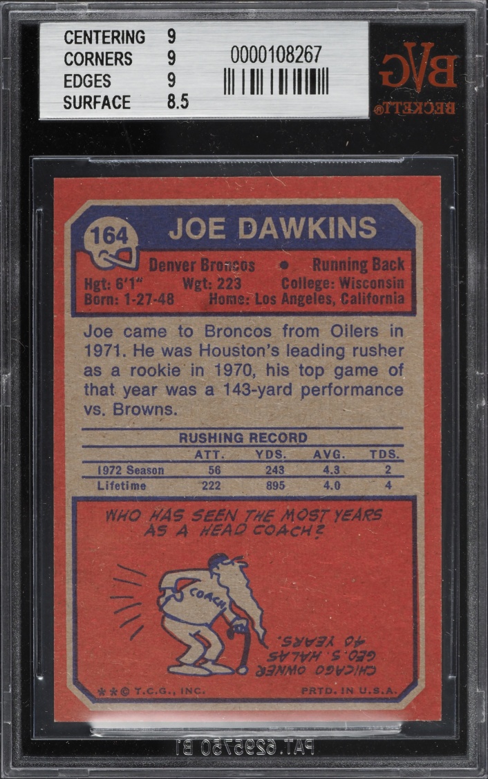 1973 Topps Football Joe Dawkins #164 BVG 9 MINT