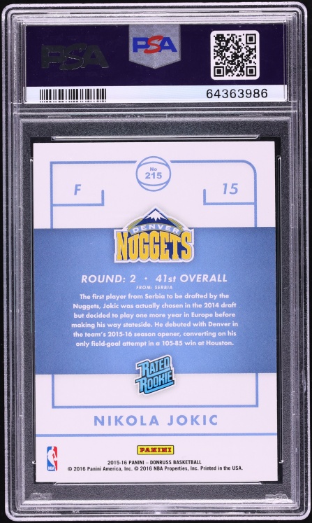 2015 Donruss Basketball Nikola Jokic ROOKIE #215 PSA 10 GEM MINT - Photo 2
