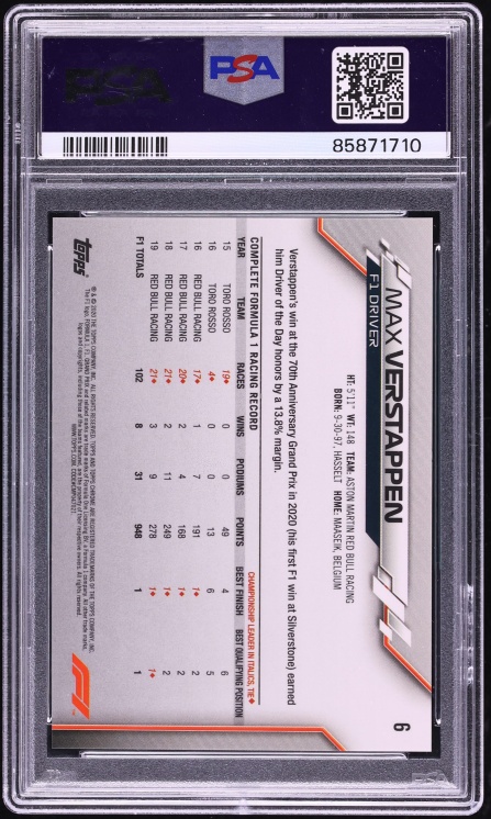 2020 Topps Chrome Formula 1 F1 Sapphire Max Verstappen #6 PSA 10 GEM MINT - Photo 2