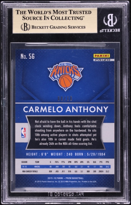 2015 Panini Prizm Gold Carmelo Anthony /10 #56 BGS 9.5 GEM MINT - Photo 2