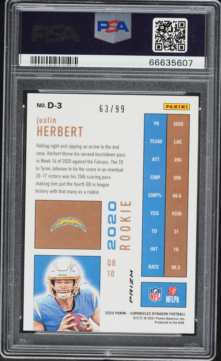 2020 Panini Chronicles Dynagon Red Justin Herbert ROOKIE /99 #D-3 PSA 10 GEM MINT