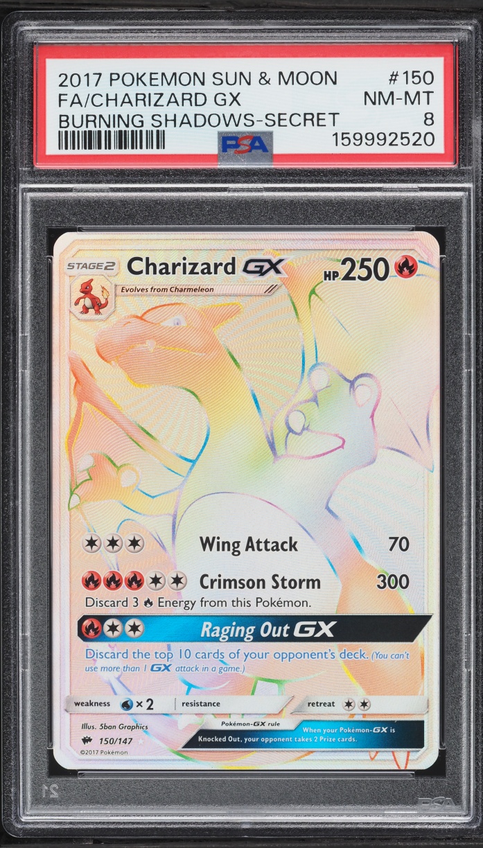 2017 Pokemon Sun & Moon Burning Shadows Rainbow Rare Charizard GX #150 PSA 8 NM-MT