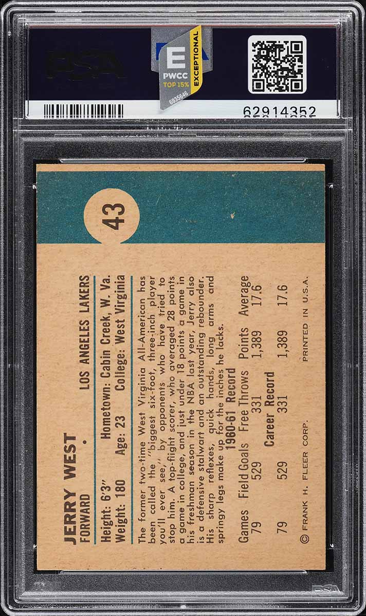 1961 Fleer Basketball Jerry West ROOKIE #43 PSA 8 NM-MT